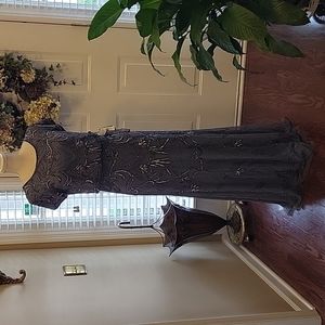 Adrianna Papell Dusty Blue dark gray beaded short sleeve long dress size 6 New…